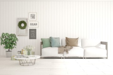 White living room with sofa. Scandinavian interior design. 3D illustration