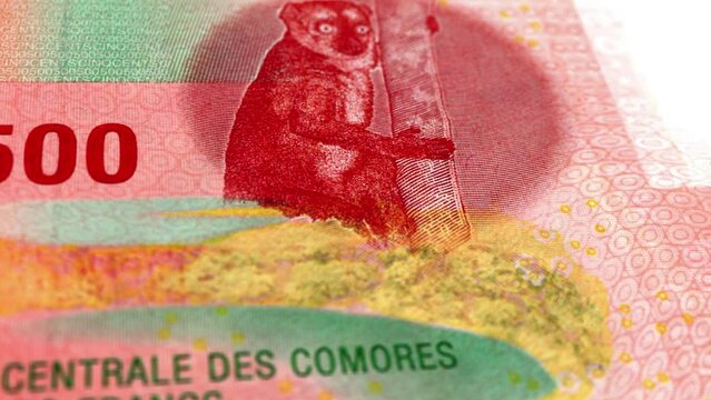 Comoros Comorian Franc 500 Banknotes, Five Hundred Comorian Franc, Close-up and macro view of the Comorian Franc, Tracking and Dolly Shots 500 Comorian Franc banknote Observe and Reserve Side