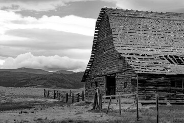 Black and white derelict Barn in Rural Washington State, USA