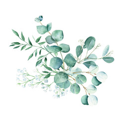 Fototapeta na wymiar Watercolor greenery bouquet. Eucalyptus, gypsophila and pistachio branches. Hand drawn botanical illustration isolated on white background. Can be used for greeting cards, posters, wedding and baby