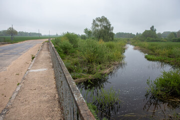 Fototapeta na wymiar river Sesava near Jelgava town in Latvia, Zemgale. Fresh green grass in overcast rainy spring day