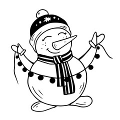 Doodle sketch of a cute snowman holding a garland.Vector graphics.