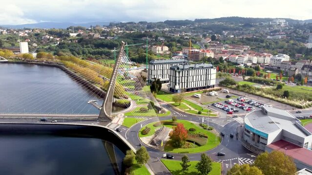 Aerial view of Pontevedra City. Situated in northwest of Spain. View of River Lerez and famous Bridge Tirantes. Beautiful Galician landscapes with houses on top of the hills and green landscape. 