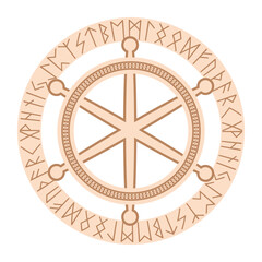 A ship's wheel, an ancient Slavic symbol, decorated with Scandinavian patterns. Beige fashion design