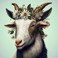Goat made of flowers and leaves, Realistic Boho Wild Animal, Beautiful Animal Illustration, Bohemian Wild Animal Portrait, Flora and Fauna