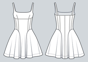 Women's mini Dress technical fashion Illustration. Dress with shoulder straps technical drawing template, slim fit, zip-up, corset, front and back view, white color, CAD mockup.