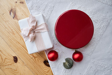 Holiday gift boxes. Beautiful happy lights. Surprise for Boxing Day, New Year and Christmas. Craft wrapping paper and twine, ribbons and toys