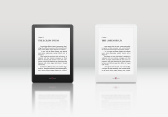 Black and white versions of electronic book with reflection.