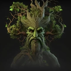 Foto op Canvas Dryad tree character design. 3d render isolated on black background. © Henry Letham