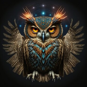 Beautiful magic wise owl isolated on black background. Charcter design 3d render.