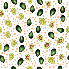Avocado seamless pattern. Whole and sliced avocado with leaves and flowers.