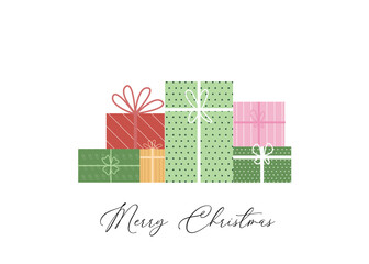 Big pile of gift boxes in festive wrapping paper with ribbon and bows.Gifts stacking heap on top of each other. gifts of different shapes and colors. Design for a New Year greeting card.