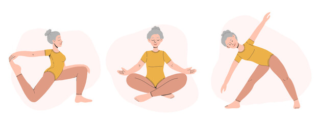 Vector illustration of an elderly woman doing yoga. The concept of a healthy lifestyle, sports and meditation in old age. AdventureIsAgeless