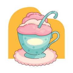 Decorative vintage cartoon cup. Drink with whipped cream. Vector illustration