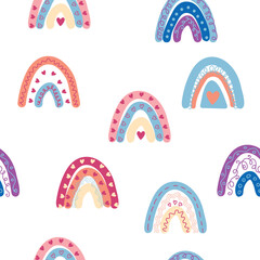 Rainbow seamless pattern in pastel colors. Scandinavian baby hand drawn illustration for textiles and newborn clothes.