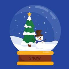 Beautiful flat vector illustration of a snowman with a Christmas tree in a snow globe