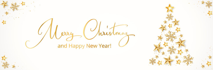 Christmas banner with golden glitter Christmas tree. Fir tree made of stars and snowflakes. Merry Christmas hand written calligraphy. Holiday background for new year headers, party posters. Vector.