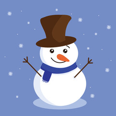 Happy Cute smiling snowman on a blue background. Vector illustration in cartoon style