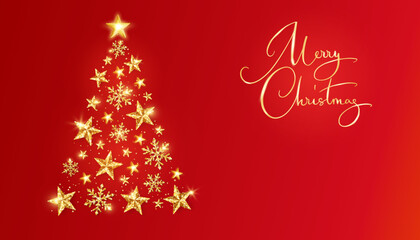 Fototapeta na wymiar Christmas banner with golden glitter Christmas tree on red background. Sparkling fir tree made of stars and snowflakes. Merry Christmas calligraphy, text. For holiday cards, party posters. Vector.
