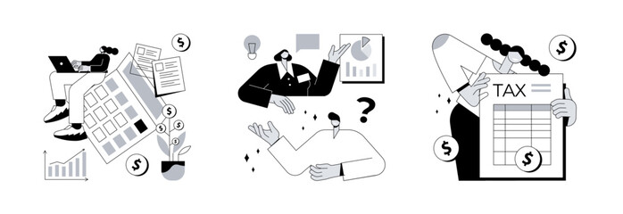 Financial information abstract concept vector illustration set. Accounting, consulting, tax form, tax filing, audit service, online application software, business strategy abstract metaphor.