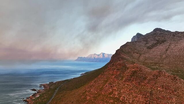 Aerial view of wildfires (haze) near Pringles Bay, close to Cape Town, South Africa