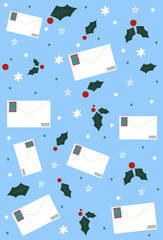 Pattern with envelopes and stamps.Christmmas seamless pattern on blue background for wrapping paper