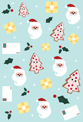 Winter seamless pattern with Santa Claus, gifts, snowflakes and gingerbread.Surface design for textile, fabric, wallpaper, wrapping, giftwrap, paper, scrapbook and packaging