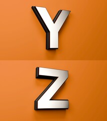 Rendering of Y and Z letters with a black and silver font on an orange background