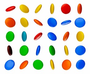 3D rendering of multicolored coated chocolate candy gems floating on an white background