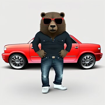 A bear stands in sunglasses, a black jacket and jeans against the background of a red car isolated on a white background. 3D illustration
