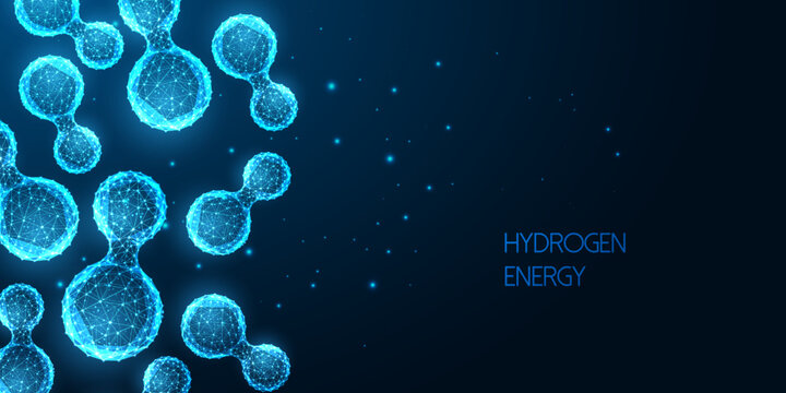 Alternative energy futuristic concept with hydrogen molecules and place for text on blue background 