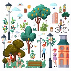 People landscape element cartoon style with isolated icons of trees lamp posts flowers and doodle human characters 2d illustrated illustration