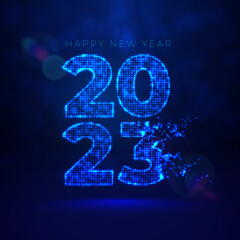 Gowing pints and dots forming number of the new year. Astract digital neon blue 2023 text from particles. Wide christmas website baner. New Year card of digital technology. Easy to edit vector banner.