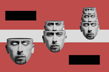 Digital collage in surrealism style with group of divided heads of a men