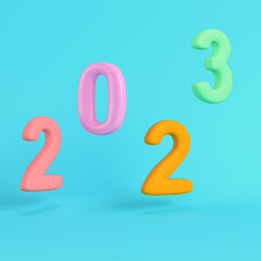 Colorful 2023 digits on bright blue background in pastel colors. Minimalism concept