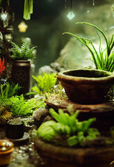 Wiccan herbs shop with plants, and crystals 