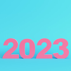 Pink 2023 digits on bright blue background in pastel colors. Minimalism concept