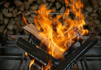Lagerfeuer vor Brennholzlager im Winter