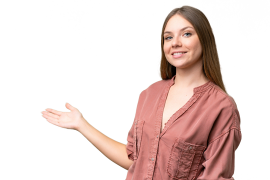 Young beautiful blonde woman over isolated background extending hands to the side for inviting to come