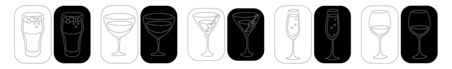 Beer vermouth martini champagne wine wineglass in thin lines. Cartoon sketch graphic design. Doodle style. Black white hand drawn image. Party drink concept for restaurant, cafe, party. Freehand drawi