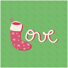 "love" written in christmas theme, christmas sock, green background. minimalist and fun concept