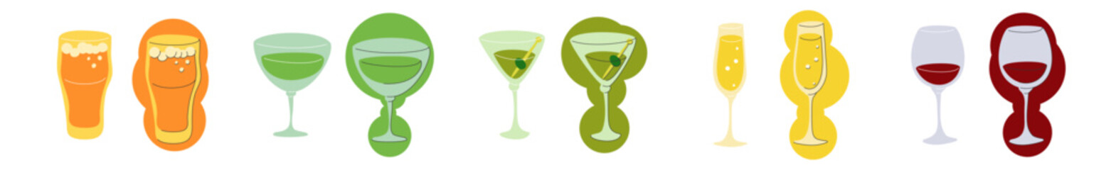 Beer vermouth martini champagne red wine glass on white background. Cartoon sketch graphic design. Flat style. Conditional colored hand drawn image. Party drink concept for restaurant, cafe. Freehand.