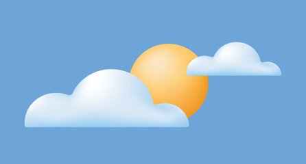 3d yellow sun with clouds on blue background. Vector illustration.