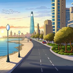 Baku city caspian sea boulevard at suncartoon style time