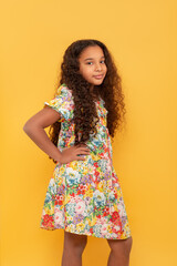 Studio shot of young dark skinned young girl with long curly hair on a yellow background