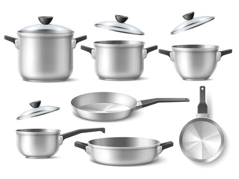 Realistic pots and pans. Shiny metal cookwares, 3d isolated utensils, glass lids, silver cooking saucepan, kitchen objects different angles view, home and cafe kitchenware, utter vector set