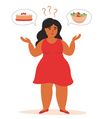 An overweight woman makes a choice of diet. Proper healthy nutrition or a sweet high-calorie cake. Vector graphics.