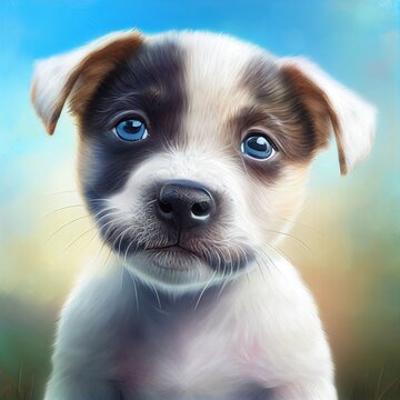  a painting of a puppy with blue eyes and a white nose and nose is looking at the camera with a blue background