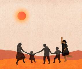 Niña con su familia marchan en el desierto - obrazy, fototapety, plakaty