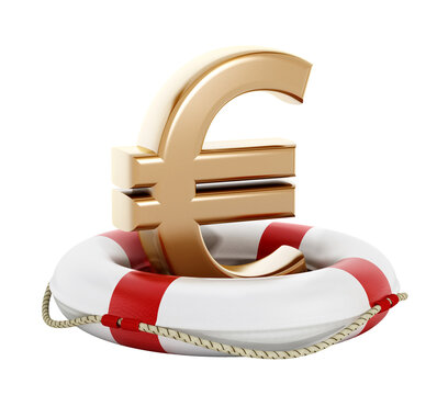 Gold euro symbol inside life buoy on transparent background.